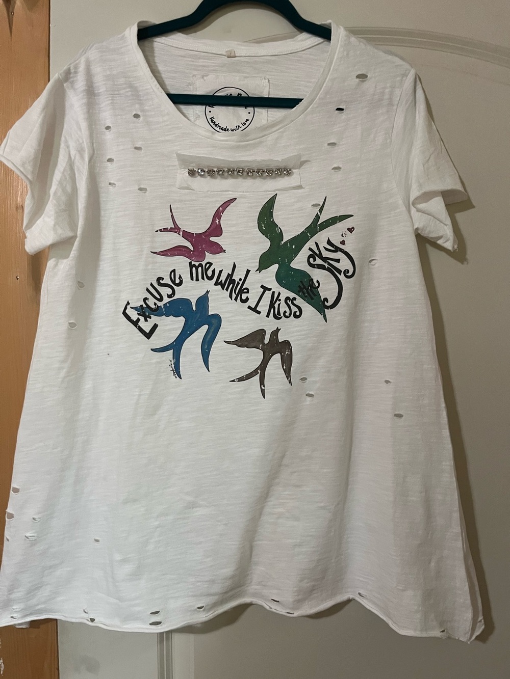A Rare Bird Jimi Hendrix White Distressed Short-Sleeve Tee Boho Vintage Style